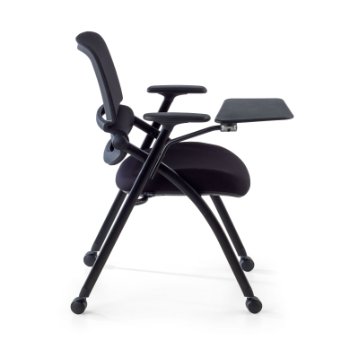 chaise avec tablette noir avec une palette d ecriture roulettes maille accoudoirs mobiles 7