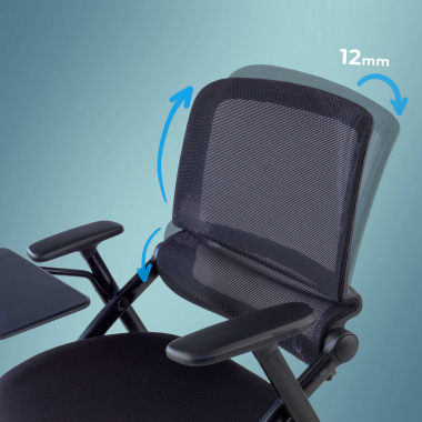 chaise avec tablette noir avec une palette d ecriture roulettes maille accoudoirs mobiles 3