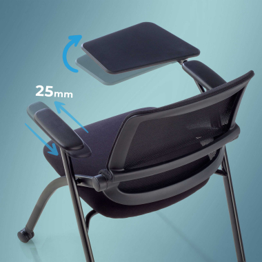 chaise avec tablette noir avec une palette d ecriture roulettes maille accoudoirs mobiles 4