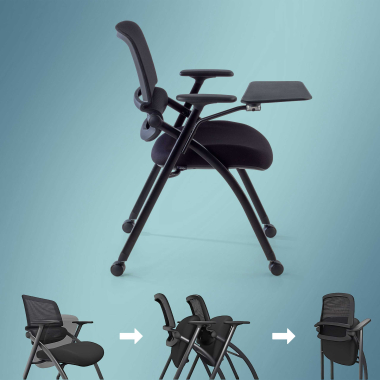 chaise avec tablette noir avec une palette d ecriture roulettes maille accoudoirs mobiles 5
