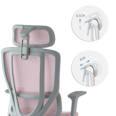 chaise ergonomique blanc rose aeroflow structure blanche maille accoudoirs reglables 3d double soutien lombaire appui tete 6