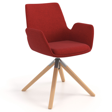chaise scandinave rouge giratoire en bois tissu accoudoirs rembourres 1