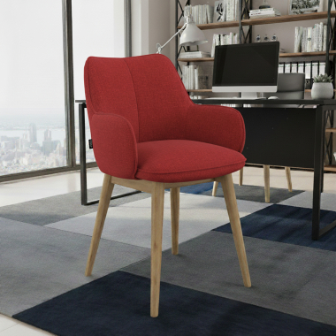 chaise scandinave rouge pattes en bois tissu accoudoirs rembourres 2