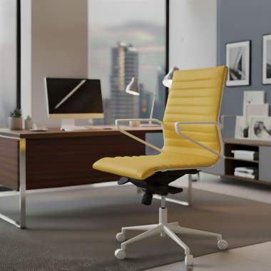 fauteuil de direction blanc jaune dossier bas structure blanche simil cuir accoudoirs fixes 2