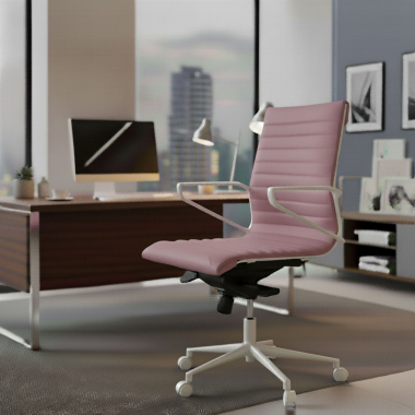 fauteuil de direction blanc rose dossier bas structure blanche simil cuir accoudoirs fixes 2