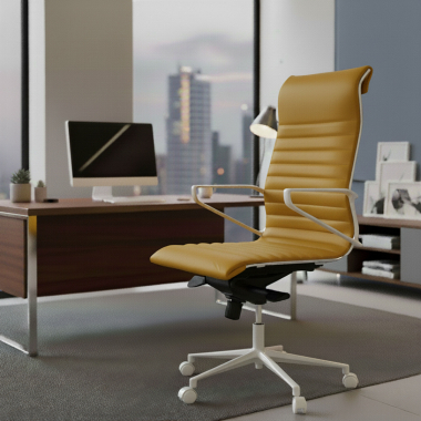 fauteuil de direction blanc jaune dossier haut structure blanche simil cuir accoudoirs fixes 2