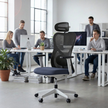 chaise de bureau blanc gris structure blanche maille accoudoirs reglables 1d soutien lombaire appui tete 2