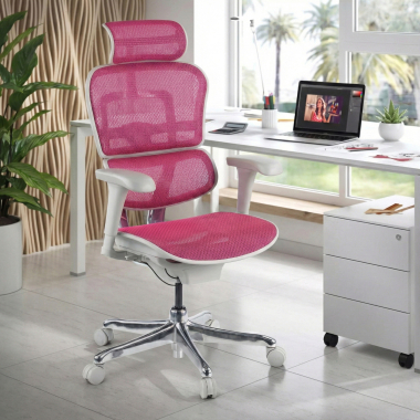 chaise ergonomique blanc rose structure blanche rouge maille accoudoirs mobiles appui tete 2