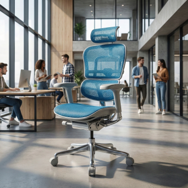 chaise ergonomique blanc bleu structure blanche rouge maille accoudoirs reglables 5d appui tete 2