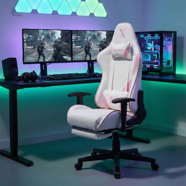 chaise gaming blanc rose epic simil cuir accoudoirs mobiles coussin lombaire et cervical appui tete repose pieds extensible 2