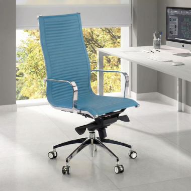 chaise de bureau bleu ciel structure chromee similicuir simil cuir accoudoirs fixes 2
