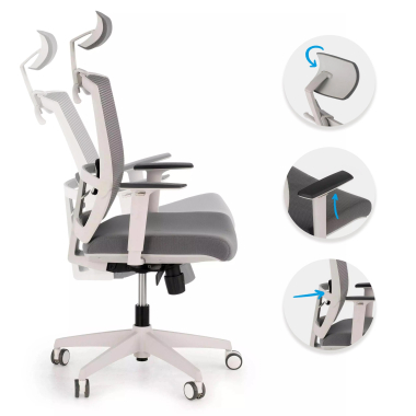 chaise ergonomique blanc gris structure blanche appui tete maille accoudoirs reglables 1d soutien lombaire appui tete 3