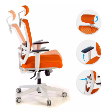 chaise ergonomique blanc orange structure blanche appui tete maille accoudoirs reglables 1d soutien lombaire appui tete 3