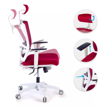 chaise ergonomique blanc rouge structure blanche appui tete maille accoudoirs reglables 1d soutien lombaire appui tete 3