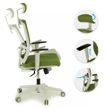 chaise ergonomique blanc vert structure blanche appui tete maille accoudoirs reglables 1d soutien lombaire appui tete 3