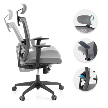 chaise ergonomique gris structure noire appui tete maille accoudoirs reglables 1d soutien lombaire appui tete 3
