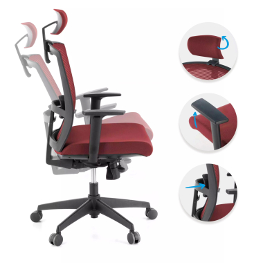 chaise ergonomique rouge structure noire appui tete maille accoudoirs reglables 1d soutien lombaire appui tete 3