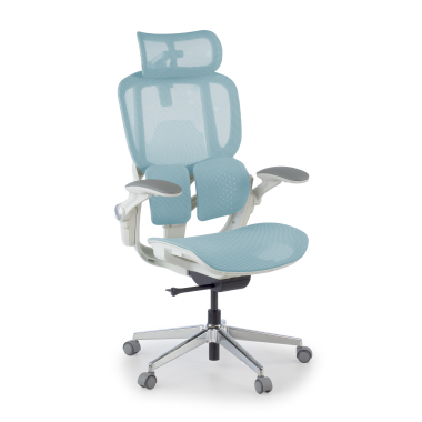 chaise ergonomique blanc bleu erghos one avec appui tete maille accoudoirs reglables 3d double soutien lombaire appui tete 1