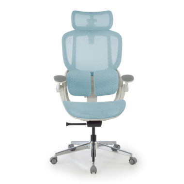 chaise ergonomique blanc bleu erghos one avec appui tete maille accoudoirs reglables 3d double soutien lombaire appui tete 3