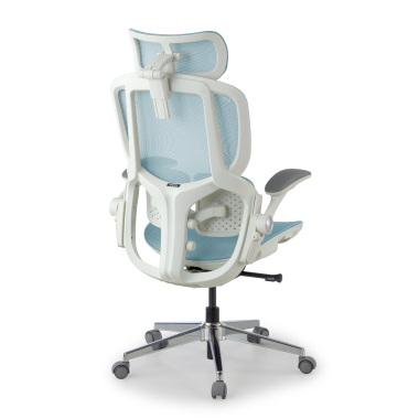 chaise ergonomique blanc bleu erghos one avec appui tete maille accoudoirs reglables 3d double soutien lombaire appui tete 12