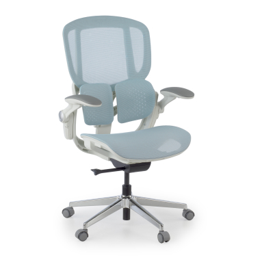 chaise ergonomique blanc bleu erghos one sans appui tete maille accoudoirs reglables 3d double soutien lombaire 1
