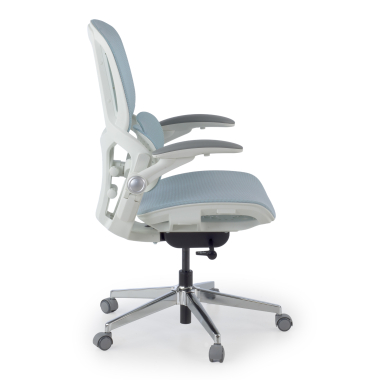 chaise ergonomique blanc bleu erghos one sans appui tete maille accoudoirs reglables 3d double soutien lombaire 3