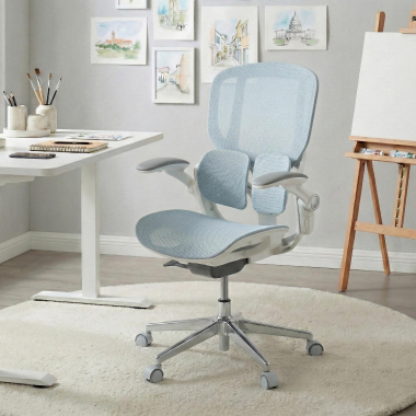 chaise ergonomique blanc bleu erghos one sans appui tete maille accoudoirs reglables 3d double soutien lombaire 2