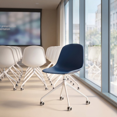 chaise de reunion blanche bleu avec roulettes plastique sans accoudoirs 2