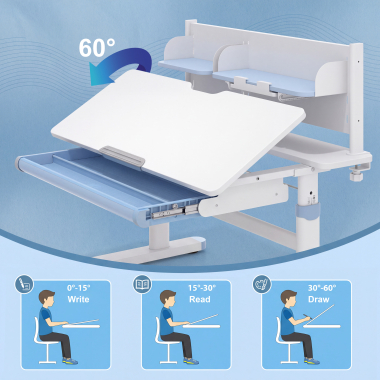 bureau pour jeunes avec passe cables blanc bleu ergokid 8