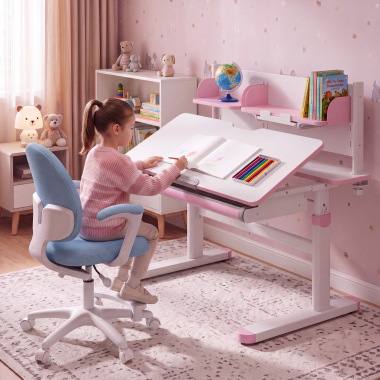 bureau pour jeunes avec passe cables blanc rose ergokid 2