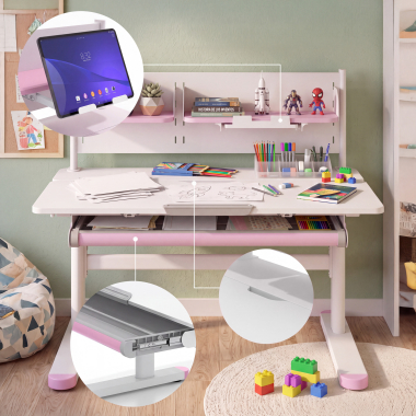 bureau pour jeunes avec passe cables blanc rose ergokid 7