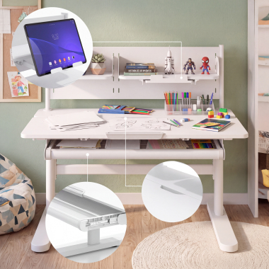 bureau pour jeunes avec passe cables blanc gris ergokid 7