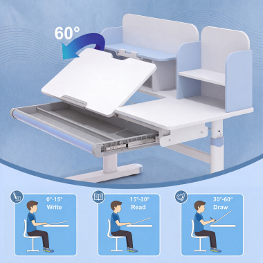 bureau pour jeunes avec passe cables blanc bleu ergokid 6