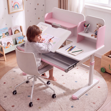 bureau pour jeunes avec passe cables blanc rose ergokid 2