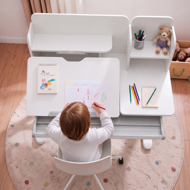 bureau pour jeunes avec passe cables blanc gris ergokid 4