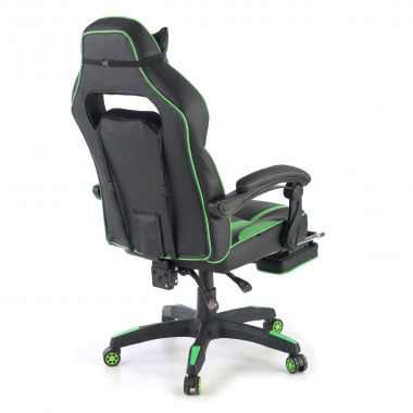 chaise gaming vert logan simil cuir accoudoirs mobiles coussin lombaire et cervical appui tete repose pieds extensible 8