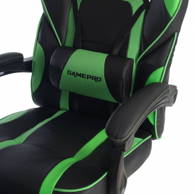 chaise gaming vert logan simil cuir accoudoirs mobiles coussin lombaire et cervical appui tete repose pieds extensible 9