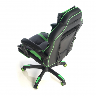chaise gaming vert logan simil cuir accoudoirs mobiles coussin lombaire et cervical appui tete repose pieds extensible 7