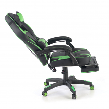 chaise gaming vert logan simil cuir accoudoirs mobiles coussin lombaire et cervical appui tete repose pieds extensible 6