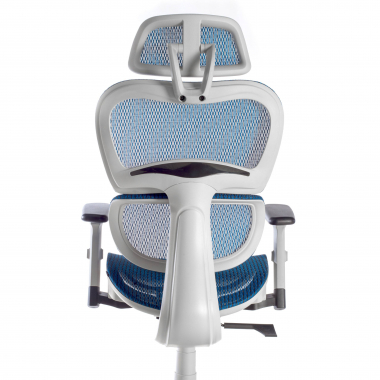 chaise ergonomique blanc bleu structure blanche maille accoudoirs reglables 3d double soutien lombaire appui tete 7