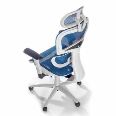 chaise ergonomique blanc bleu structure blanche maille accoudoirs reglables 3d double soutien lombaire appui tete 8