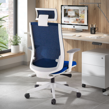 chaise de bureau blanc bleu boston maille accoudoirs reglables 3d appui tete 2