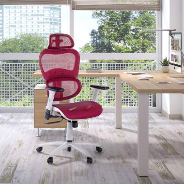 chaise ergonomique blanc rouge structure blanche maille accoudoirs reglables 3d double soutien lombaire appui tete 2
