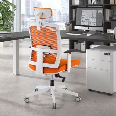 chaise ergonomique blanc orange structure blanche appui tete maille accoudoirs reglables 1d soutien lombaire appui tete 2