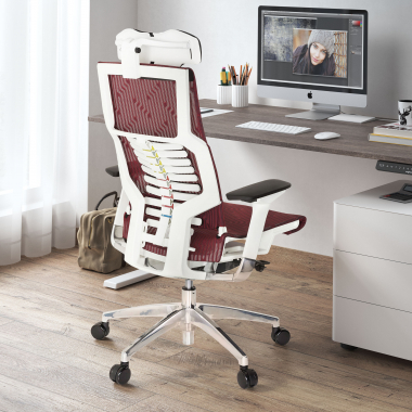 chaise de bureau pas cher blanc rouge structure blanche maille accoudoirs reglables 4d soutien lombaire appui tete 4