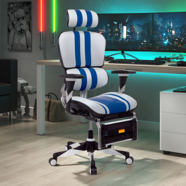 chaise gaming bleu ergoplus cuir authentique accoudoirs reglables 3d soutien lombaire repose pieds extensible 2