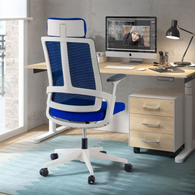 chaise de bureau pas cher blanc bleu structure blanche maille accoudoirs reglables 4d soutien lombaire appui tete 2