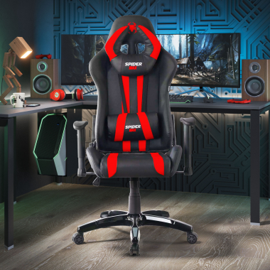 chaise gaming rouge spider simil cuir accoudoirs mobiles coussin lombaire et cervical appui tete 2