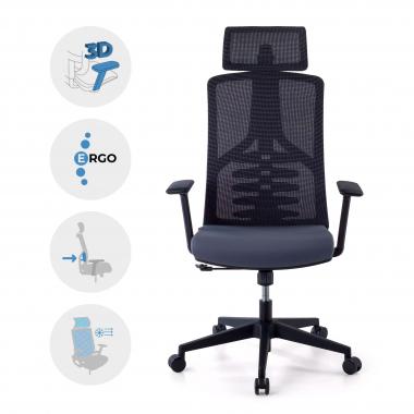 chaise ergonomique gris quick maille accoudoirs reglables 3d soutien lombaire appui tete 3