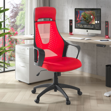 chaise de bureau rouge structure noire maille accoudoirs fixes appui tete 2